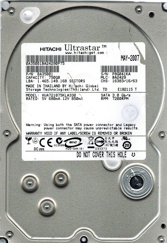 Hitachi HUA721075KLA330 P/N: 0A35001 MLC: BA2429 750GB