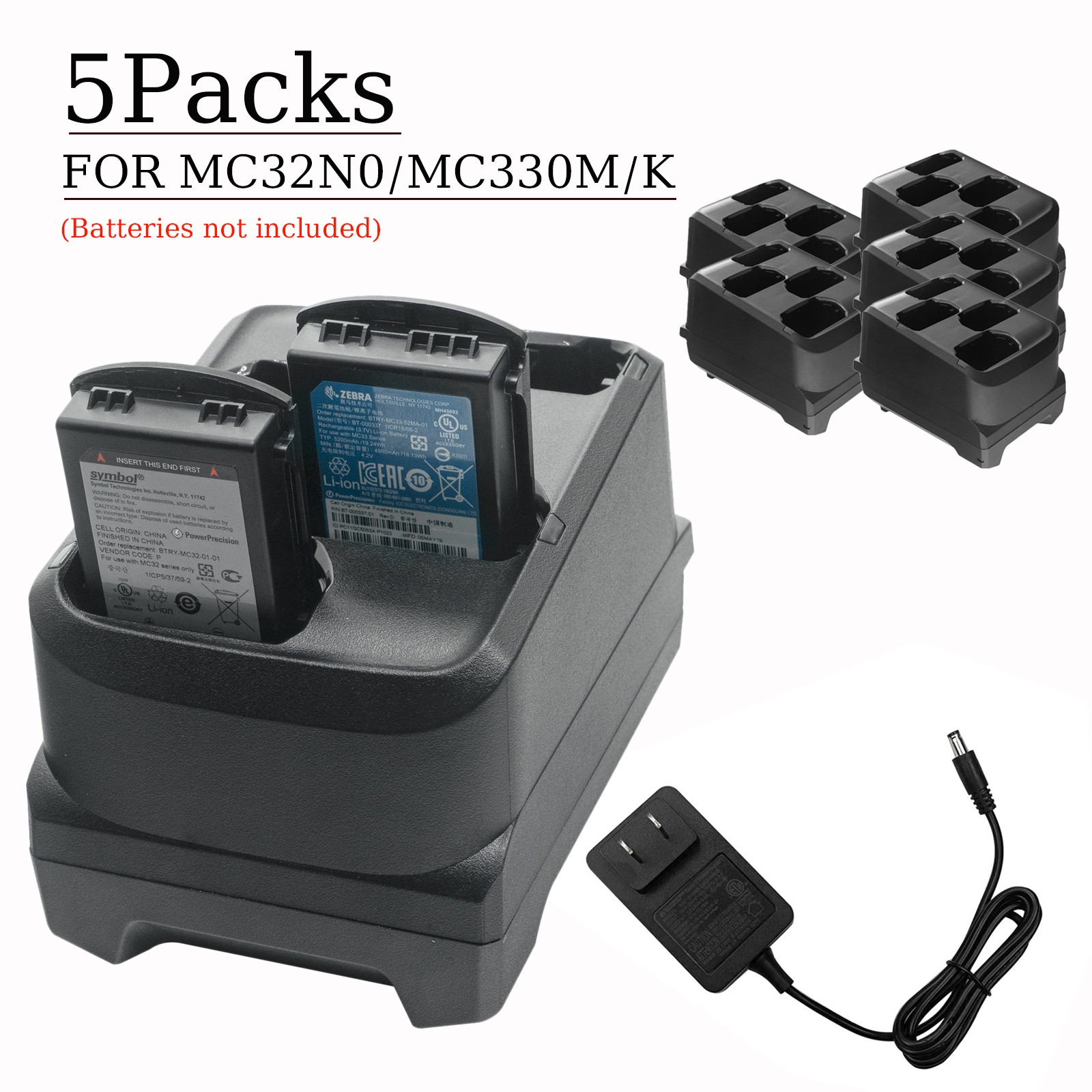 5x 4-Slot Battery Charging Cradle Kit with Power Supply for Zebra MC3200 MC3300