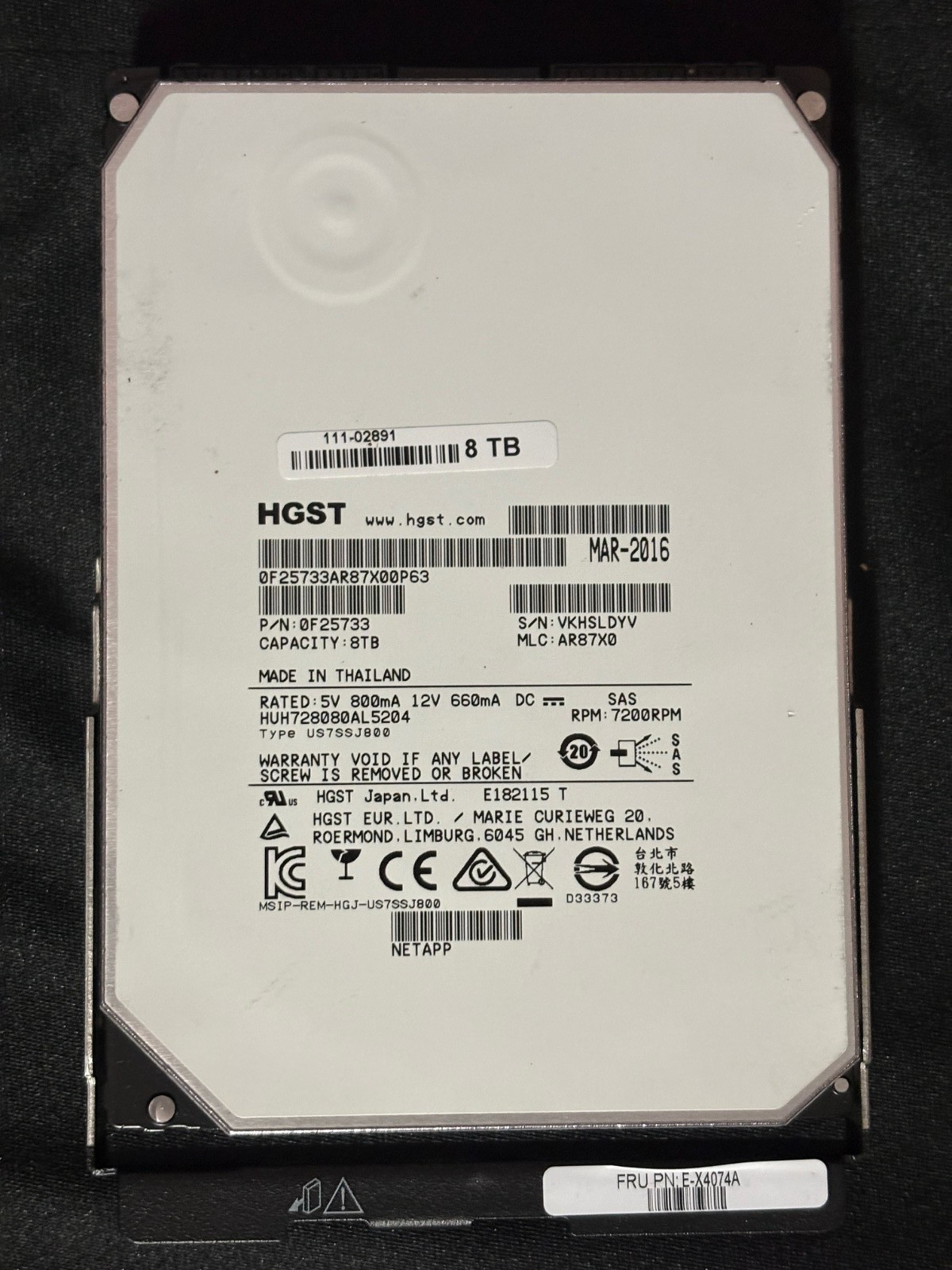 NetApp E-X4074A  8TB SAS P12 Disk Drive - 6Gbps - HUH728080AL5204 - 0F25733