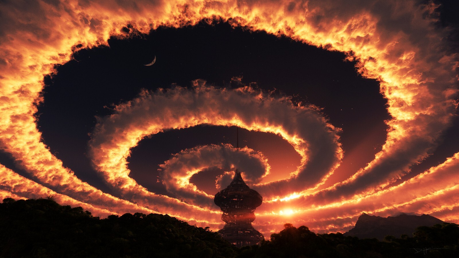 Landscape sky clouds spiral fantasy art sunlight dark Custom Gaming Mat Desk