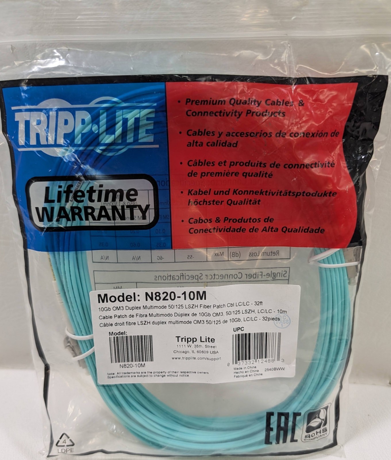 Tripp Lite N820-10M 10Gb OM3 Duplex Multimode 50/125 LSZH Fiber Cable LC/LC 10m