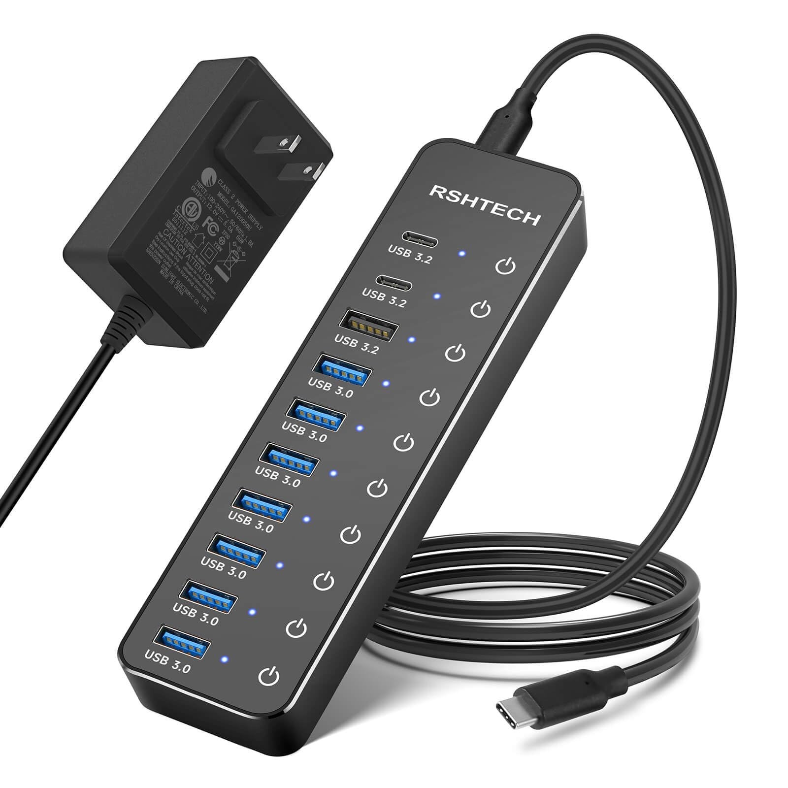 Powered USB Hub, RSHTECH 10-Port USB 3.2/USB C Hub 60W with 10Gbps USB-A 3.2,...