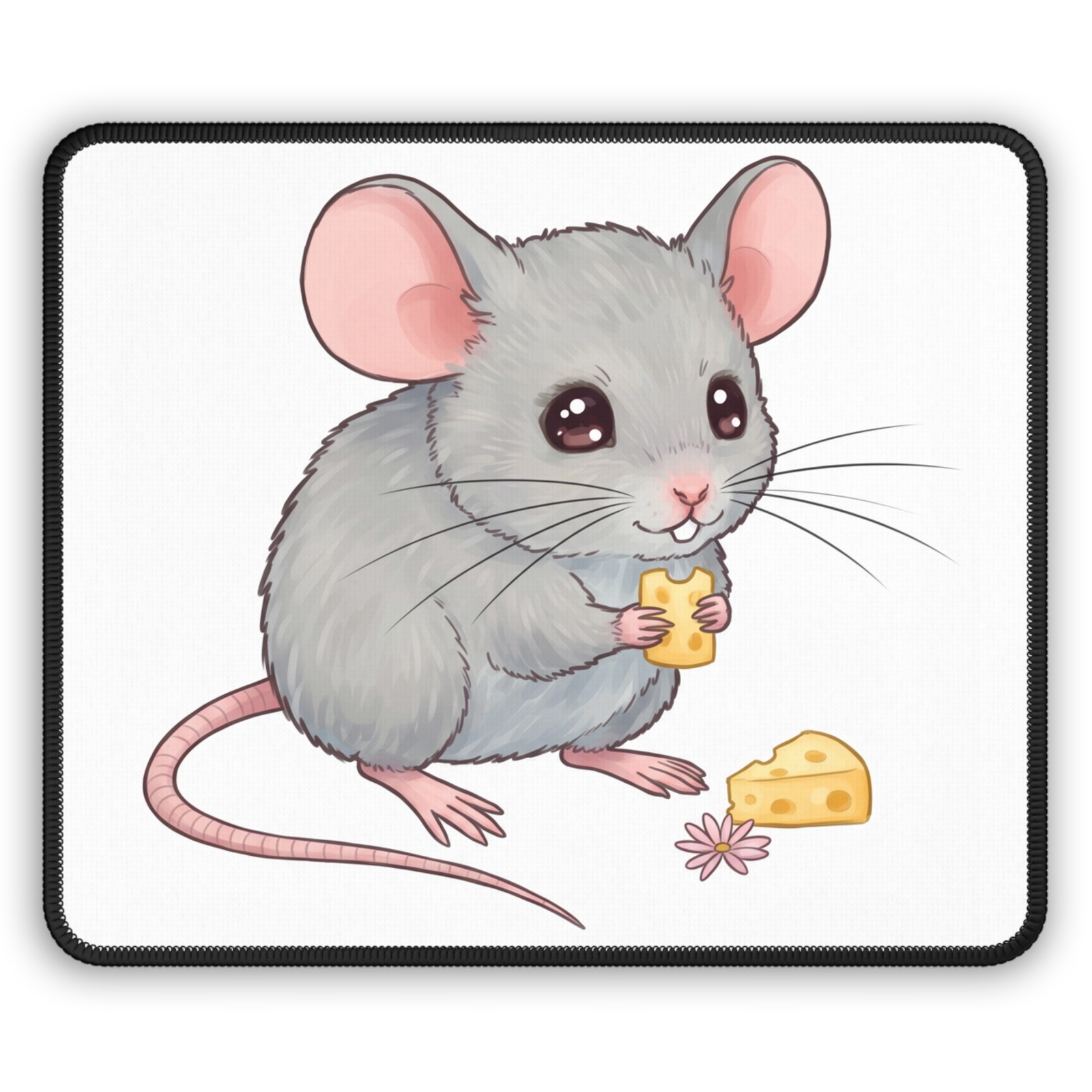 Cute Gray Mouse Eating Cheese Gaming Mouse Pad