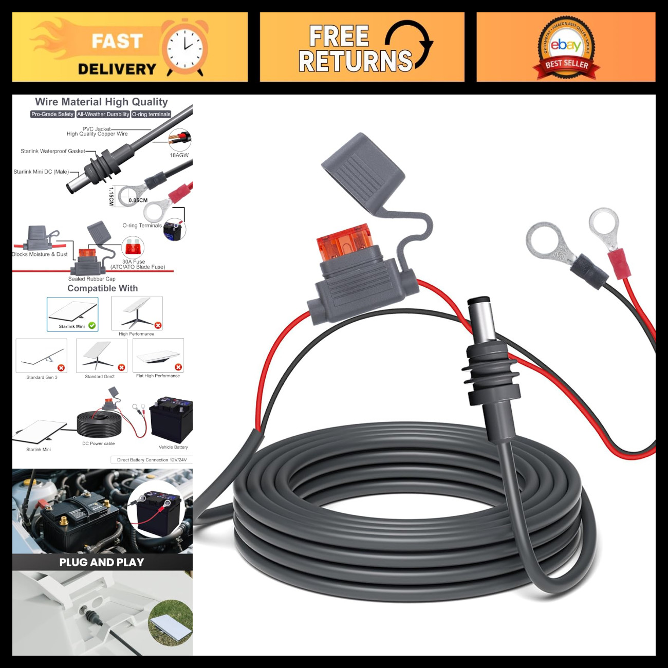 3M 10FT Battery Power Cable 18AWG with Fuse for Starlink Mini, RV, Boat, Solar