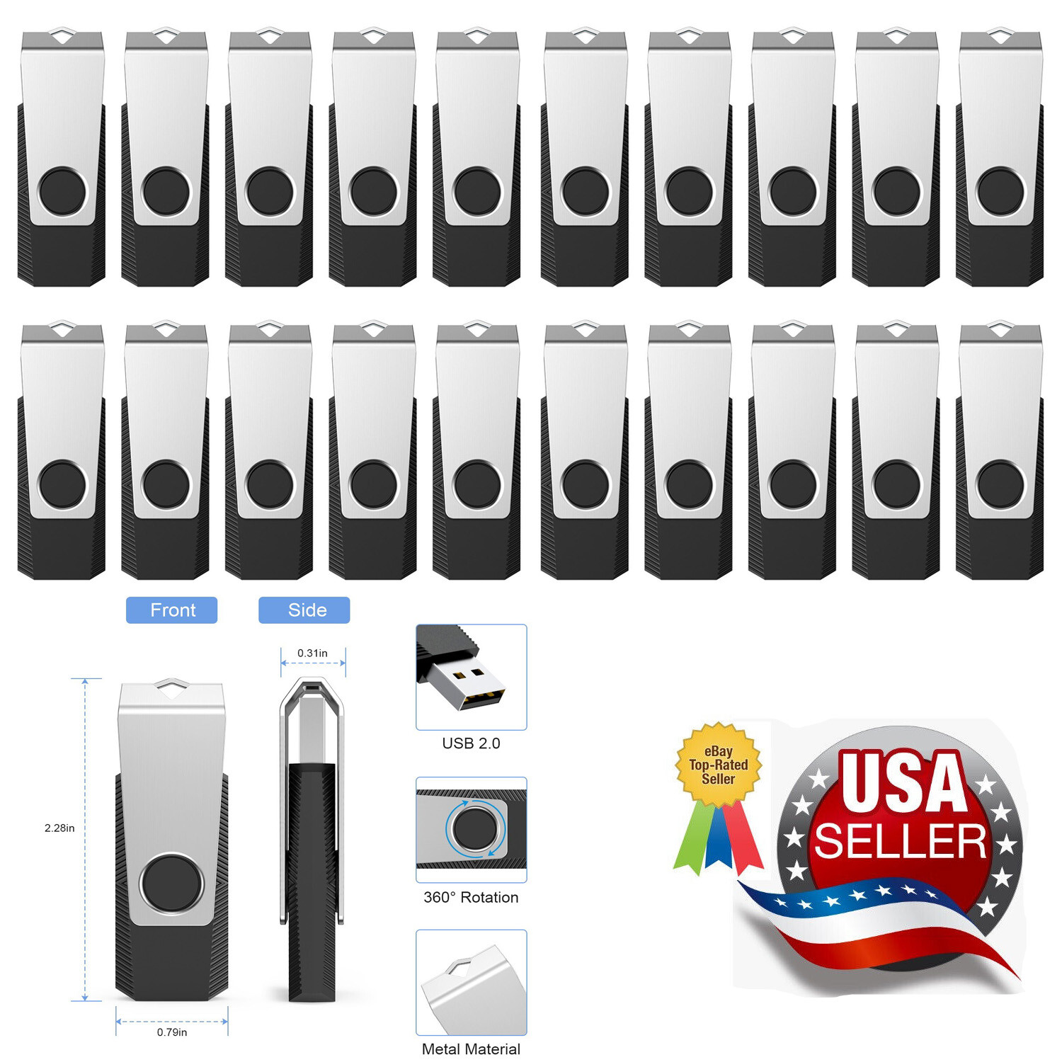 Black 20PCS 64GB USB2.0 Metal Swivel Anti-skid USB Flash Drives USB Memory Stick