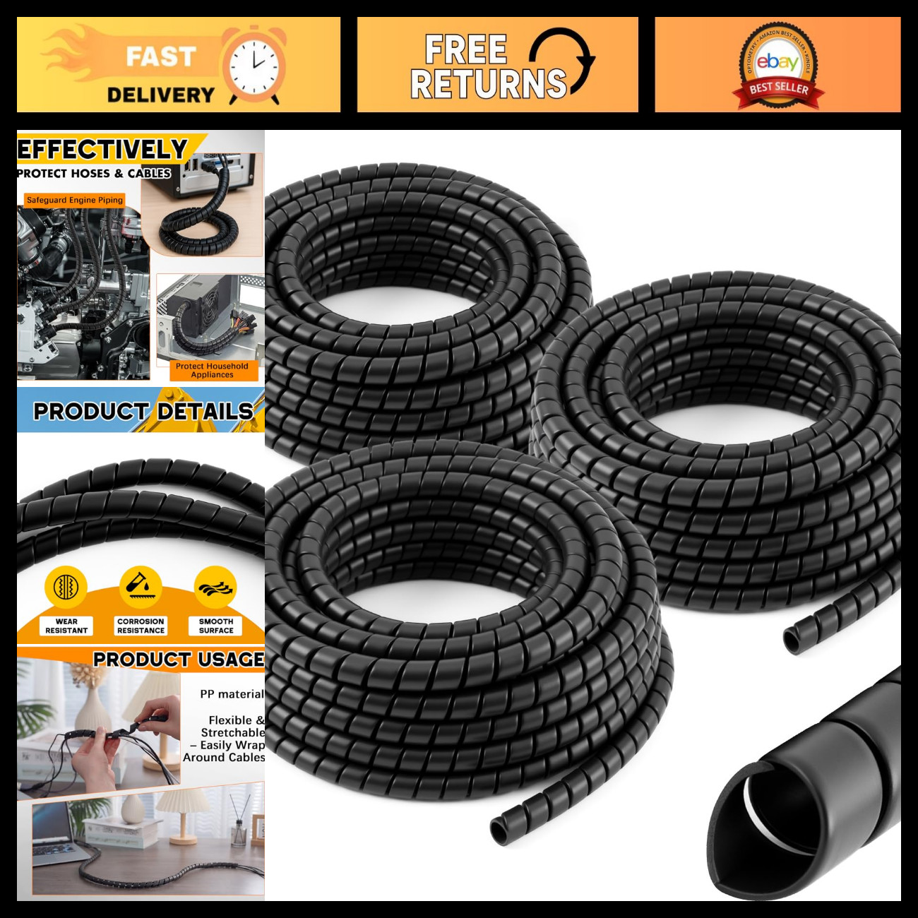 3 Pcs Spiral Cable Wrap Protector - 1/4'' 1/2'' 3/8'' OD x 25' Hydraulic Hose Co