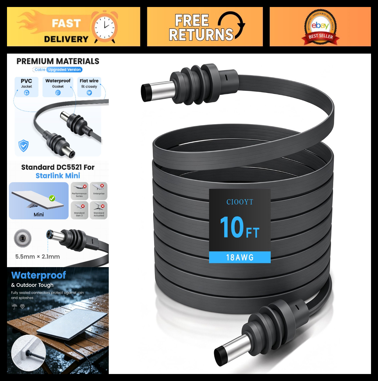 10FT Ultra Thin DC Power Cable, Weatherproof 18AWG Passthrough Cord for RV, SUV,