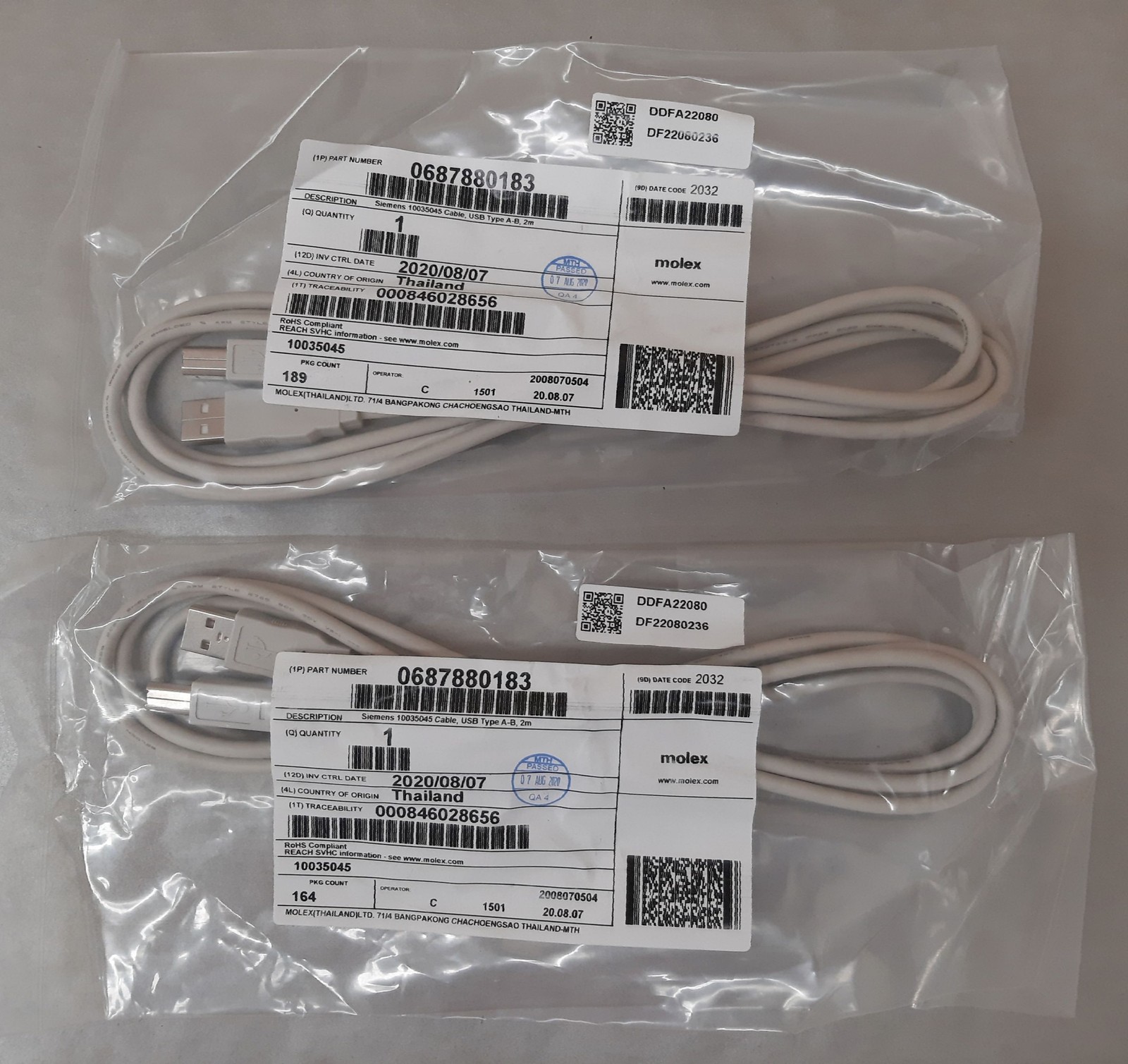 Lot of 2 Siemens USB Type A - B Cable 2 Meters P/N 10035045