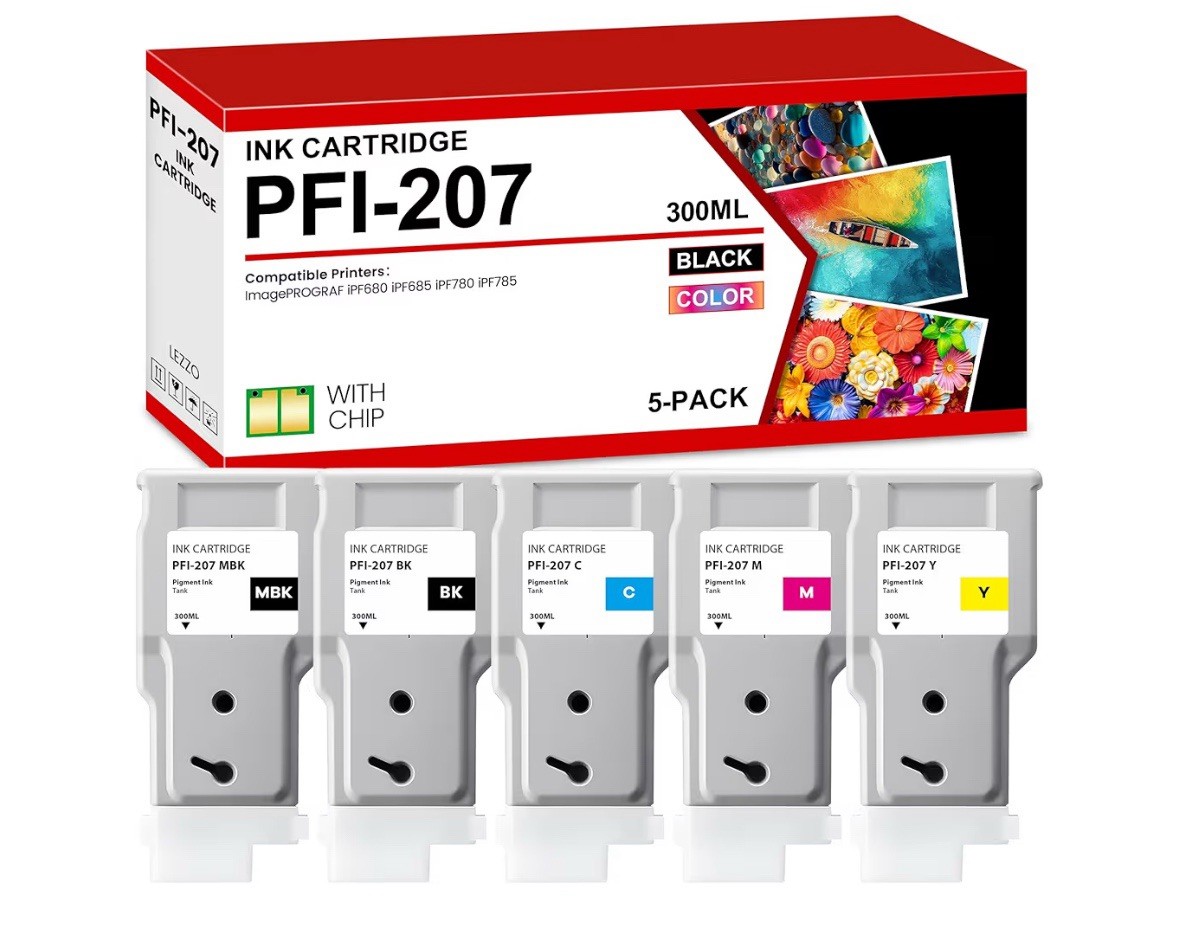 PFI-207 Ink Tank 300ml 5-Pack Replacement for Canon PFI-207MBK PFI-207BK PFI-...