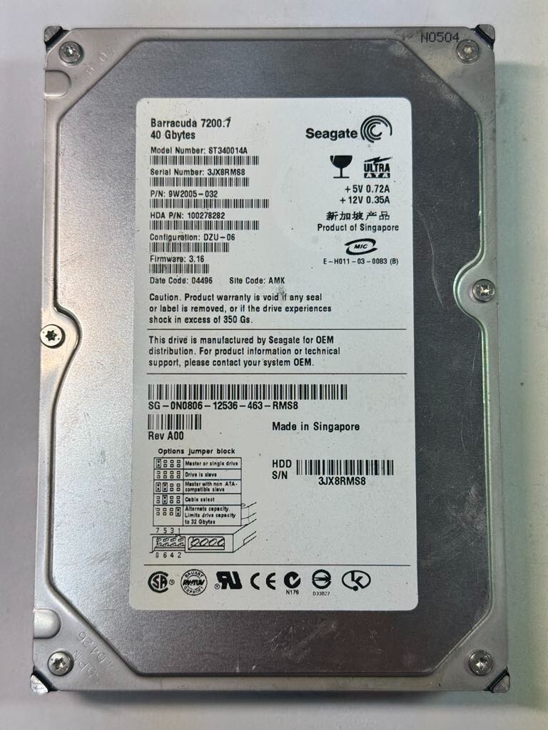 Seagate 9W2005-032 ST340014A 40GB 7.2K RPM FW 3.16 DC 04496 ATA-100 3.5" HDD