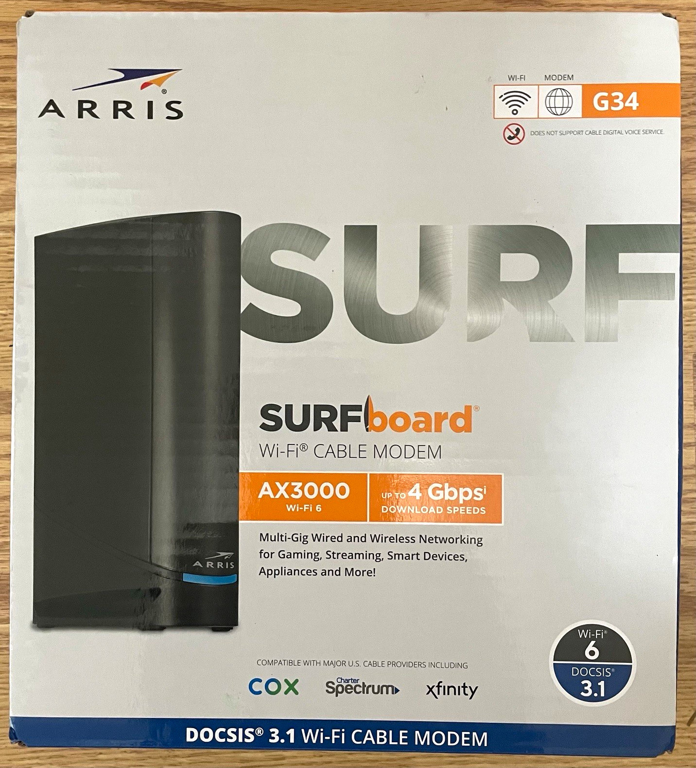 ARRIS SURFboard G34 DOCSIS 3.1 Wi‑Fi 6 AX3000 Cable Modem Router Black NIB