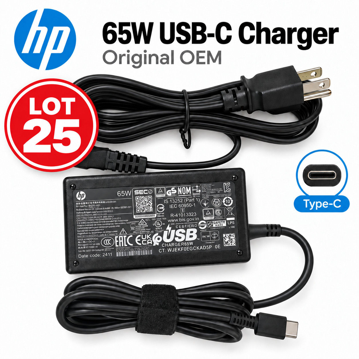 LOT25 OEM HP 65W Type-C AC Charger EliteBook X360 G2 G3 G4 L65505-002 L67440-001