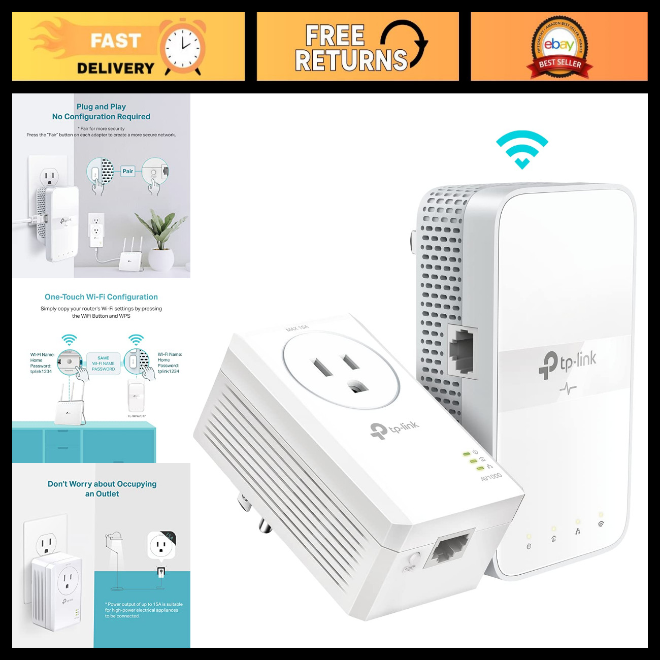 Powerline Ethernet Adapter Kit, AV1000 WiFi Extender with Passthrough, Fast Inte