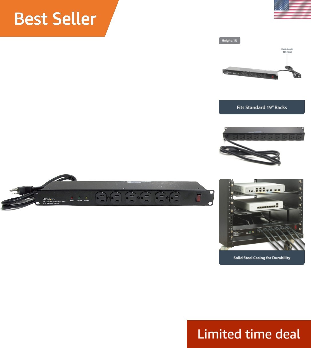 StarTech 16-Outlet 1U PDU, 120V/15A, Surge, 6ft Cord, TAA RKPW161915