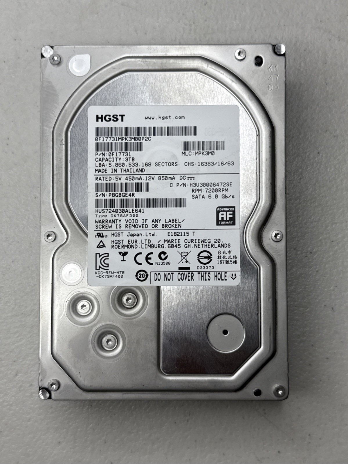 HUS724030ALS641 /0B26926 HGST  3 TB Internal 7200 RPM 3.5 Hard Drive Tested