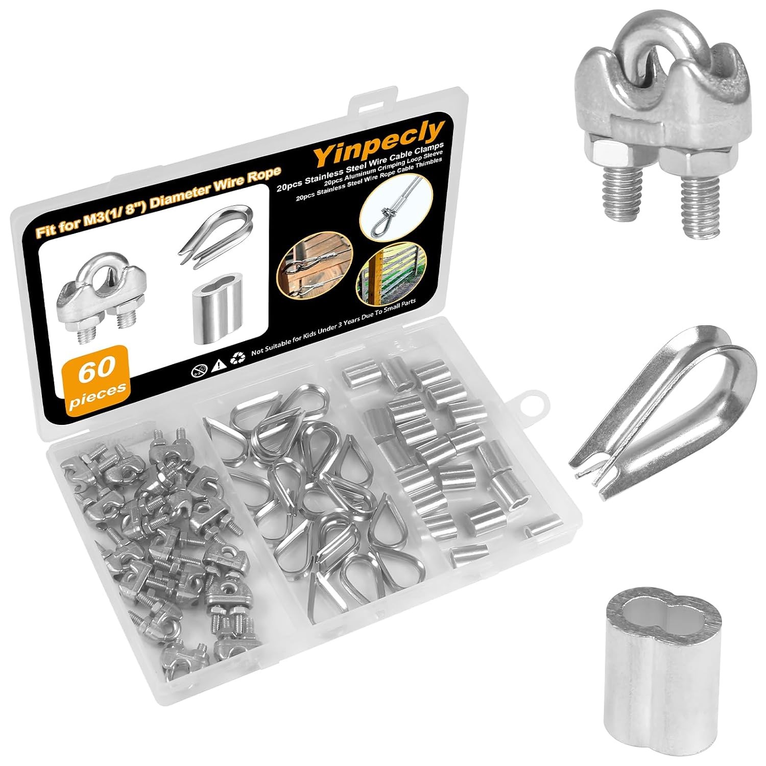 20 Pack 1/8" M3 Stainless Steel Wire Rope Cable Clip Clamp, Thimble, Crimping Lo