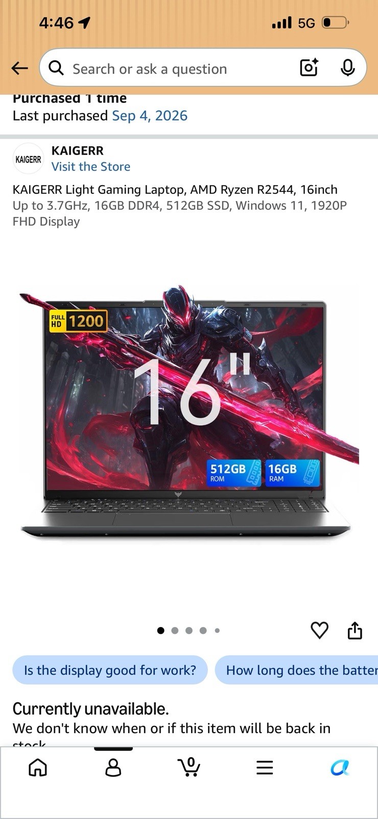 KAIGERR Light Gaming Laptop 16in Ryzen R2544 16GB 512GB SSD Win 11 Black