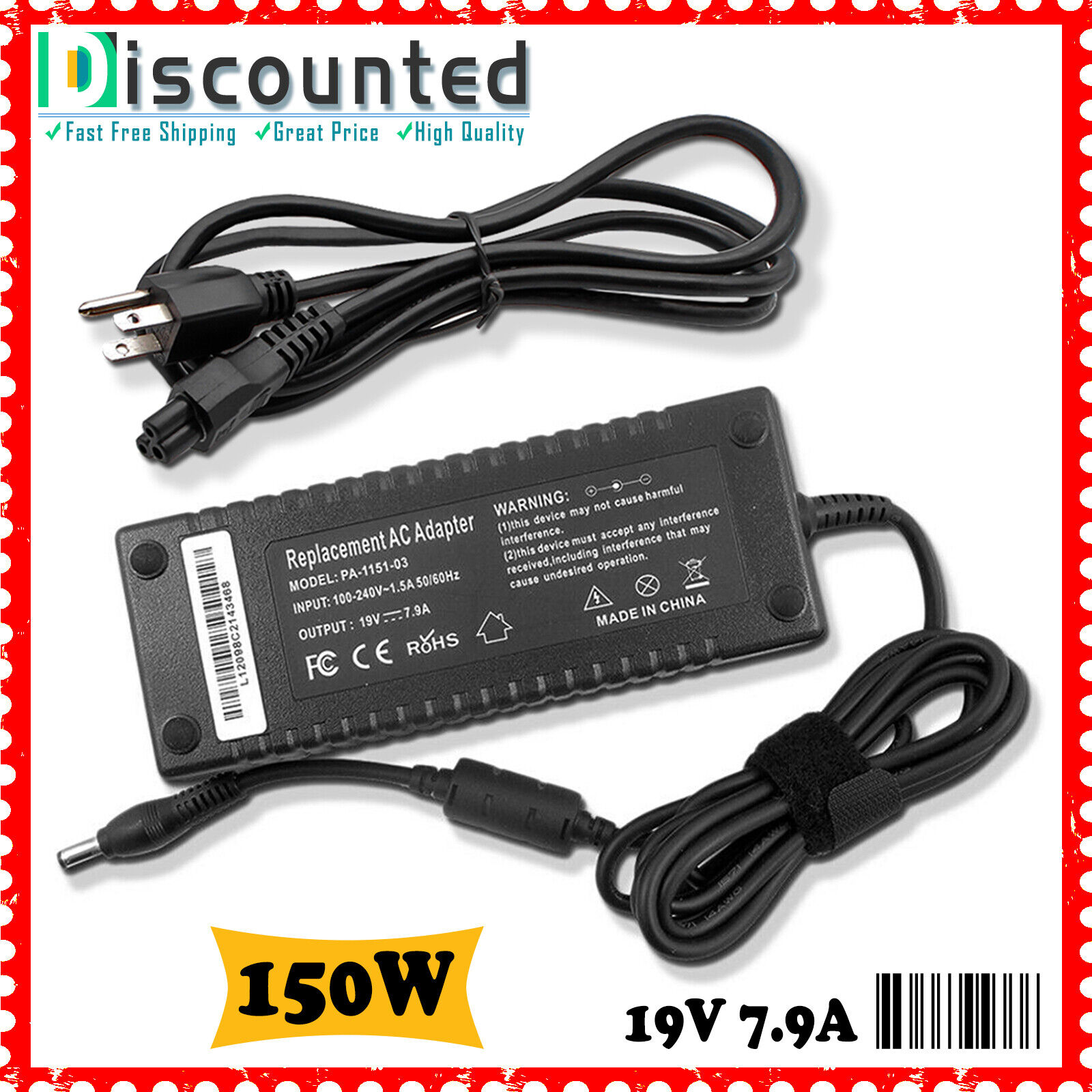 150W AC Adapter Charger Cord FOR for MSI GE62 GL62 GV62 GV72 GP62 GF62 GF63 GF65