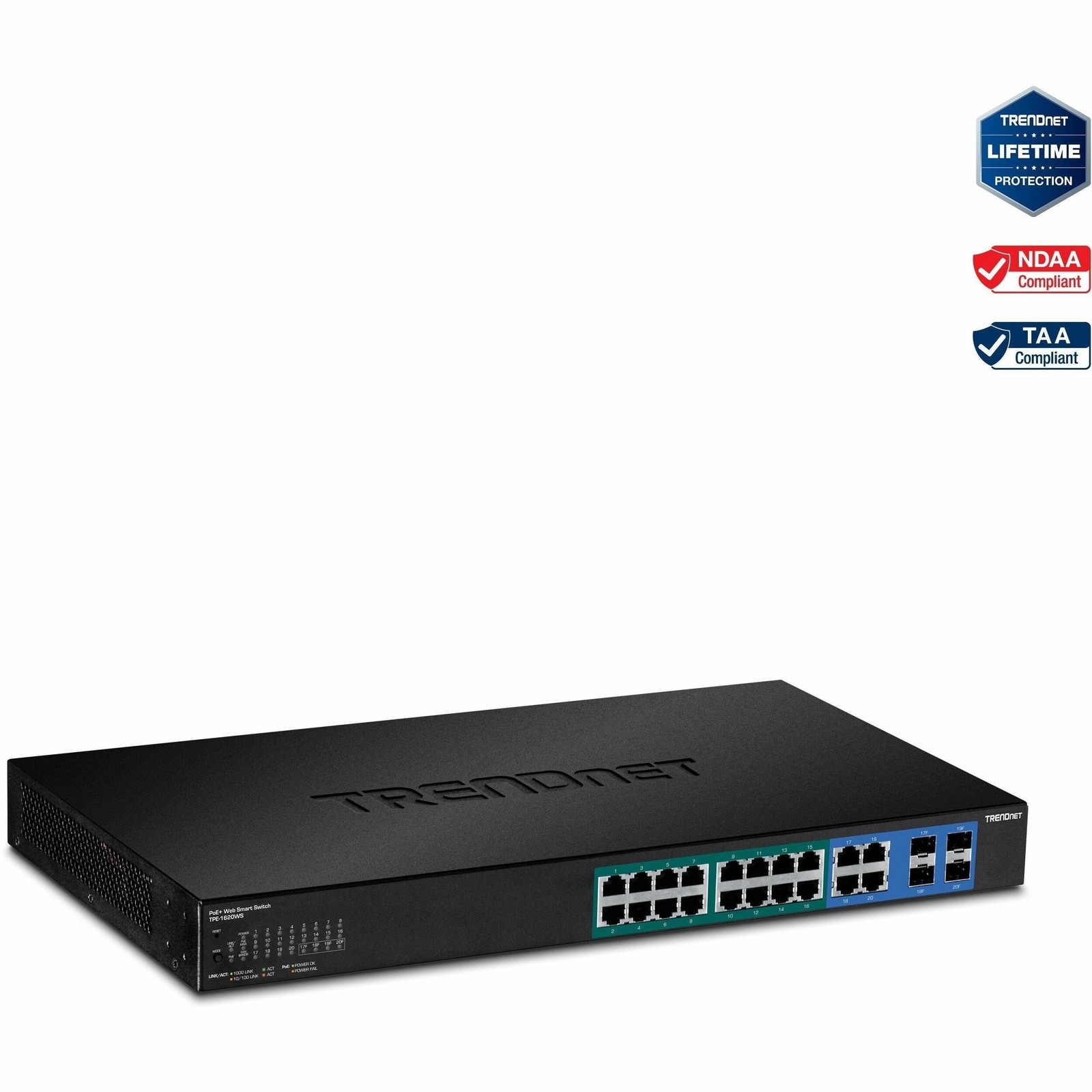 TRENDnet 16-Port Gigabit PoE+ Web Smart Switch with 2 Shared SFP Slots, Up to 30