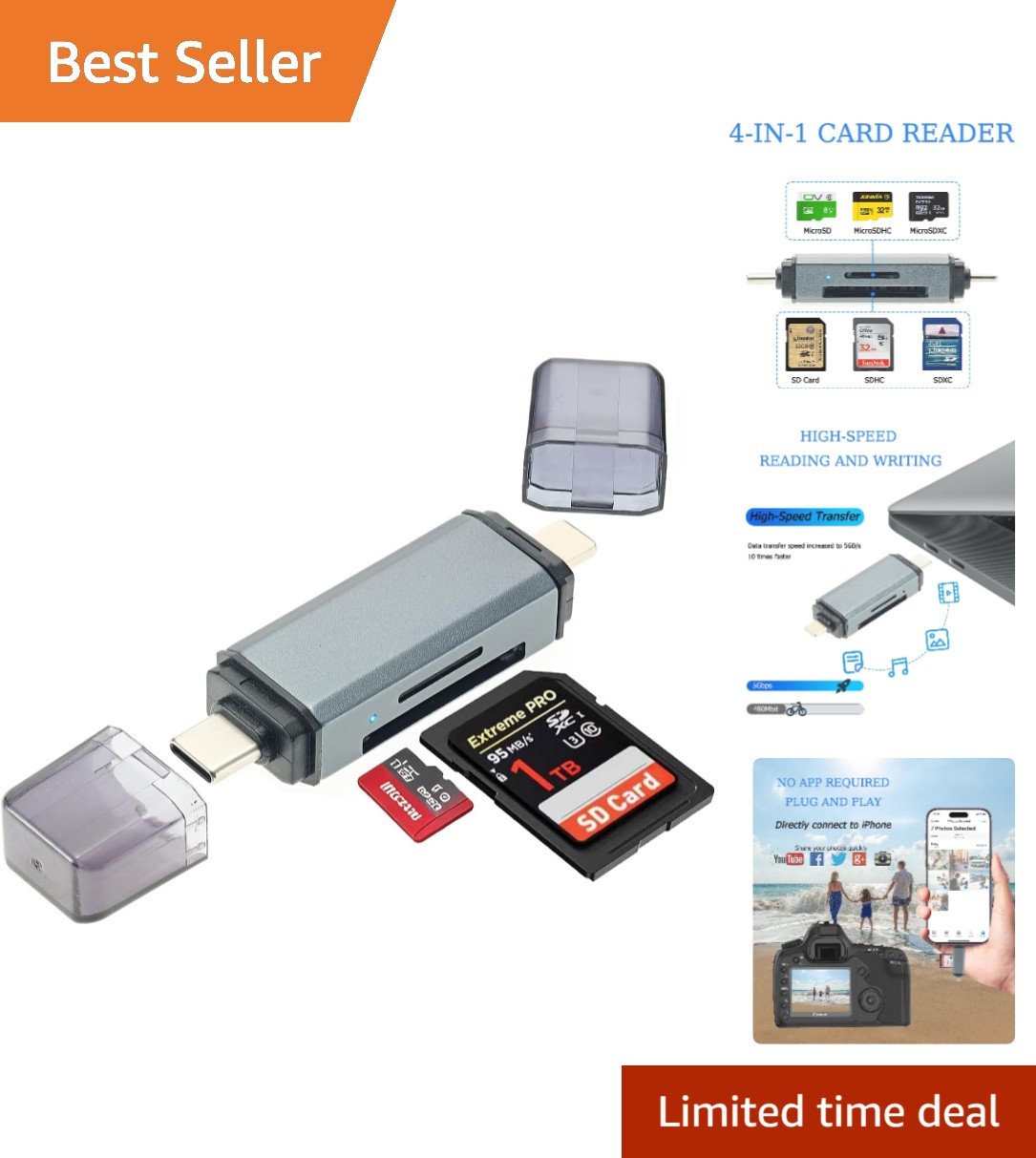 2-in-1 USB C and Lightning SD Card Reader for iPhone & iPad - Plug & Play