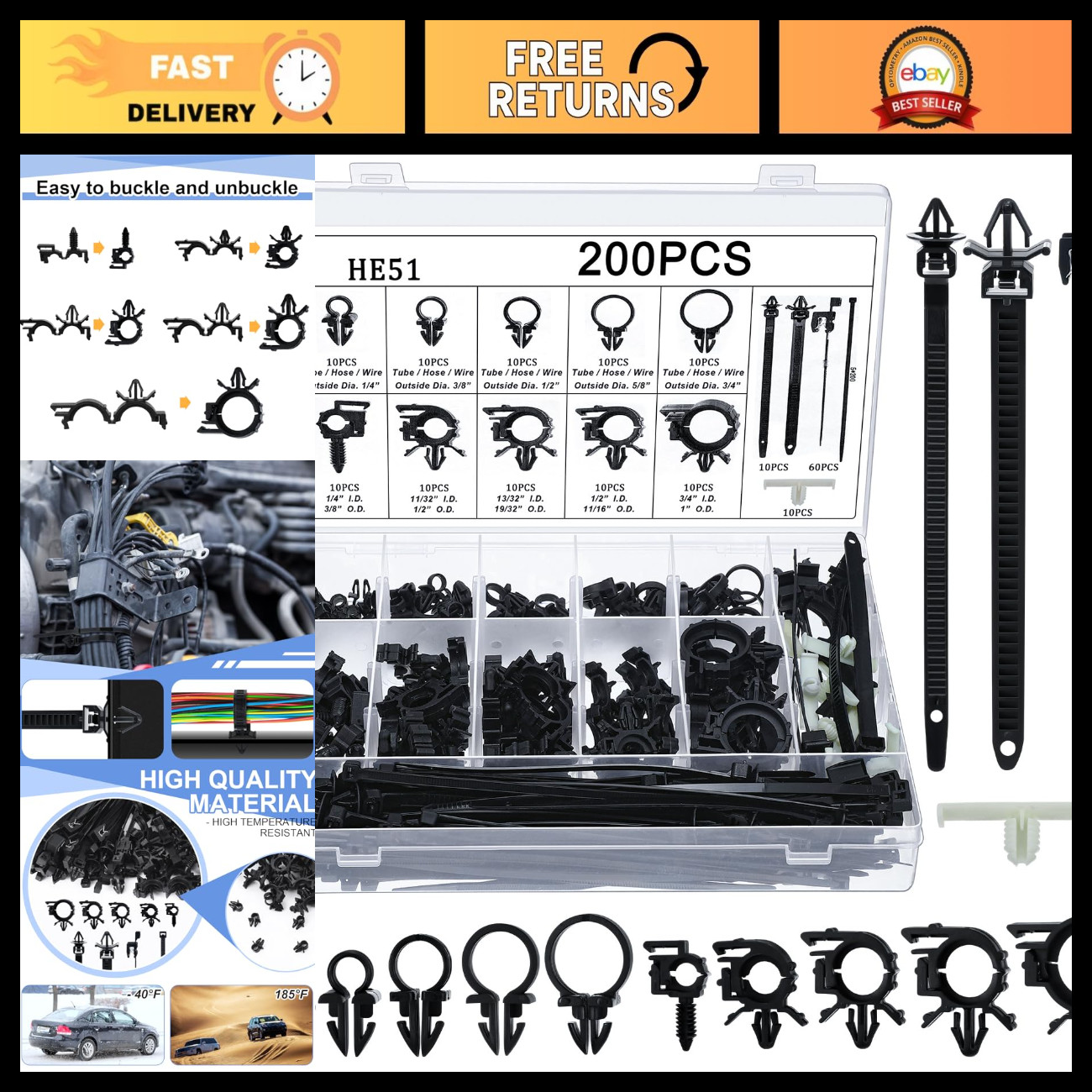 200 Pcs Wire Loom Clips - 15 Sizes Push Mount Cable Management for Cars