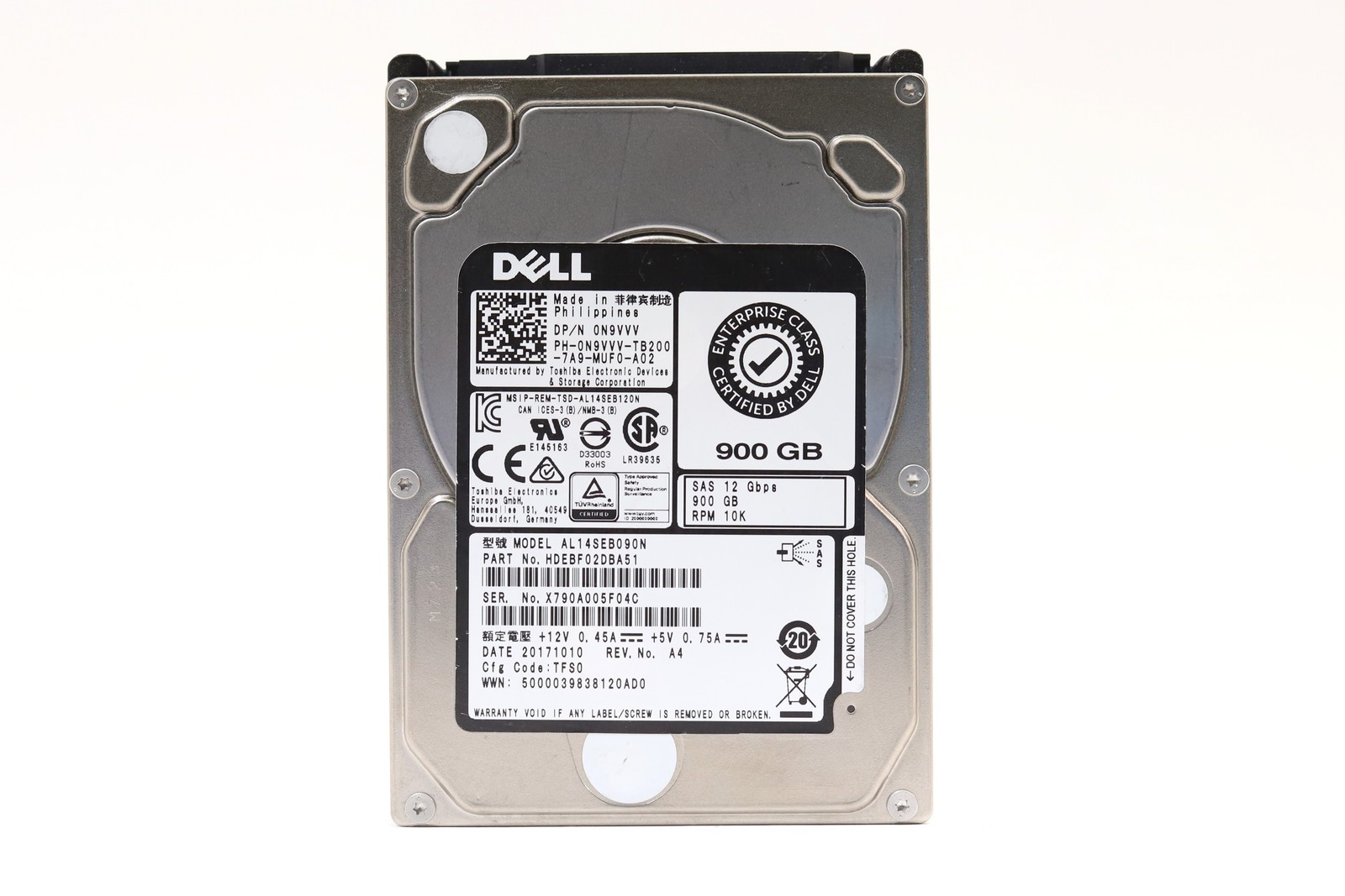 Dell AL14SEB090N 900GB 2.5" 12Gb/s 128MB 10K RPM SAS HDD Dell P/N: 0N9VVV Tested