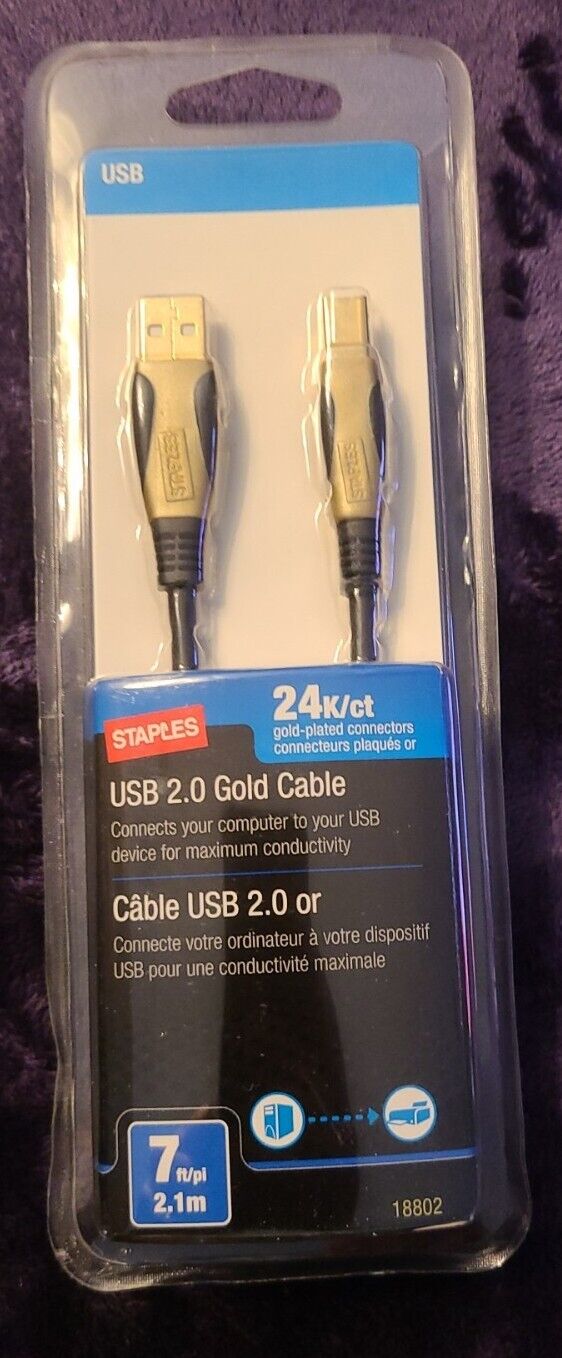 Staples 7ft USB 2.0 Gold Cable 24K/ct Gold-plated Connectors 18802