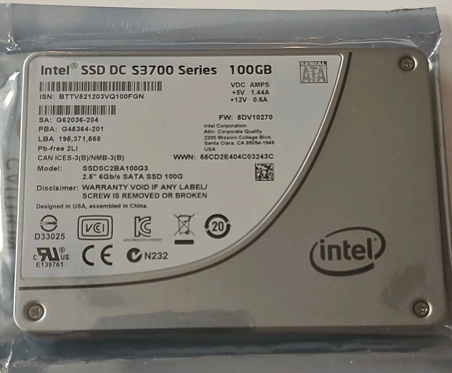 Intel DC S3700 100GB 2.5" SATA III Internal SSD SSDSC2BA100G3