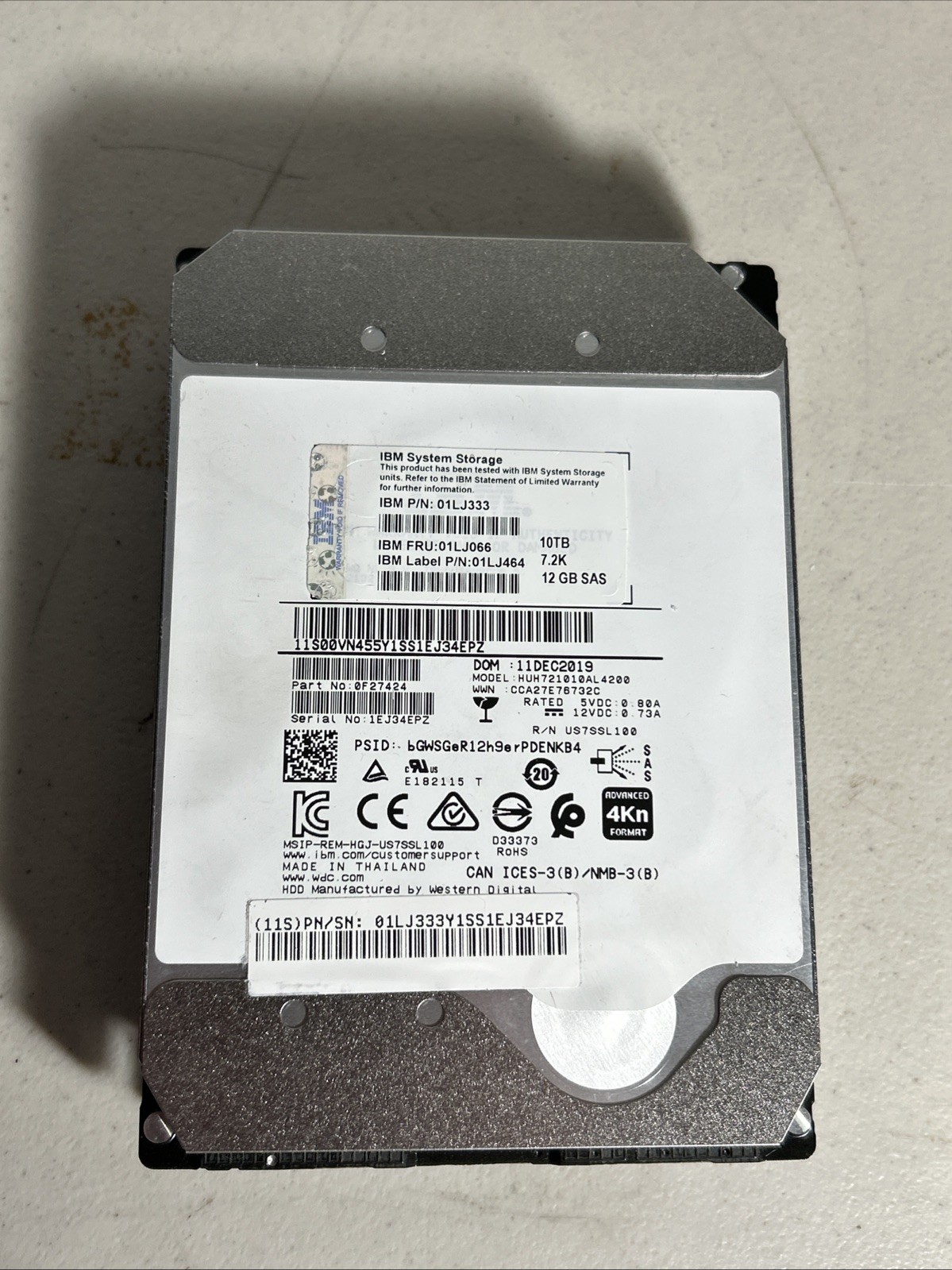 IBM 01LJ066 01LJ333 10TB 12Gb/s SAS 3.5" HDD Western Digital HUH721010AL4200