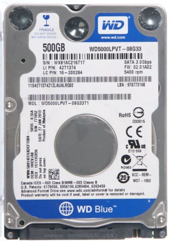 WD WD5000LPVT-08G33 WX81AC216717 500GB SATA 2.5" 5400 Rpm 3.0Gbps-BLUE