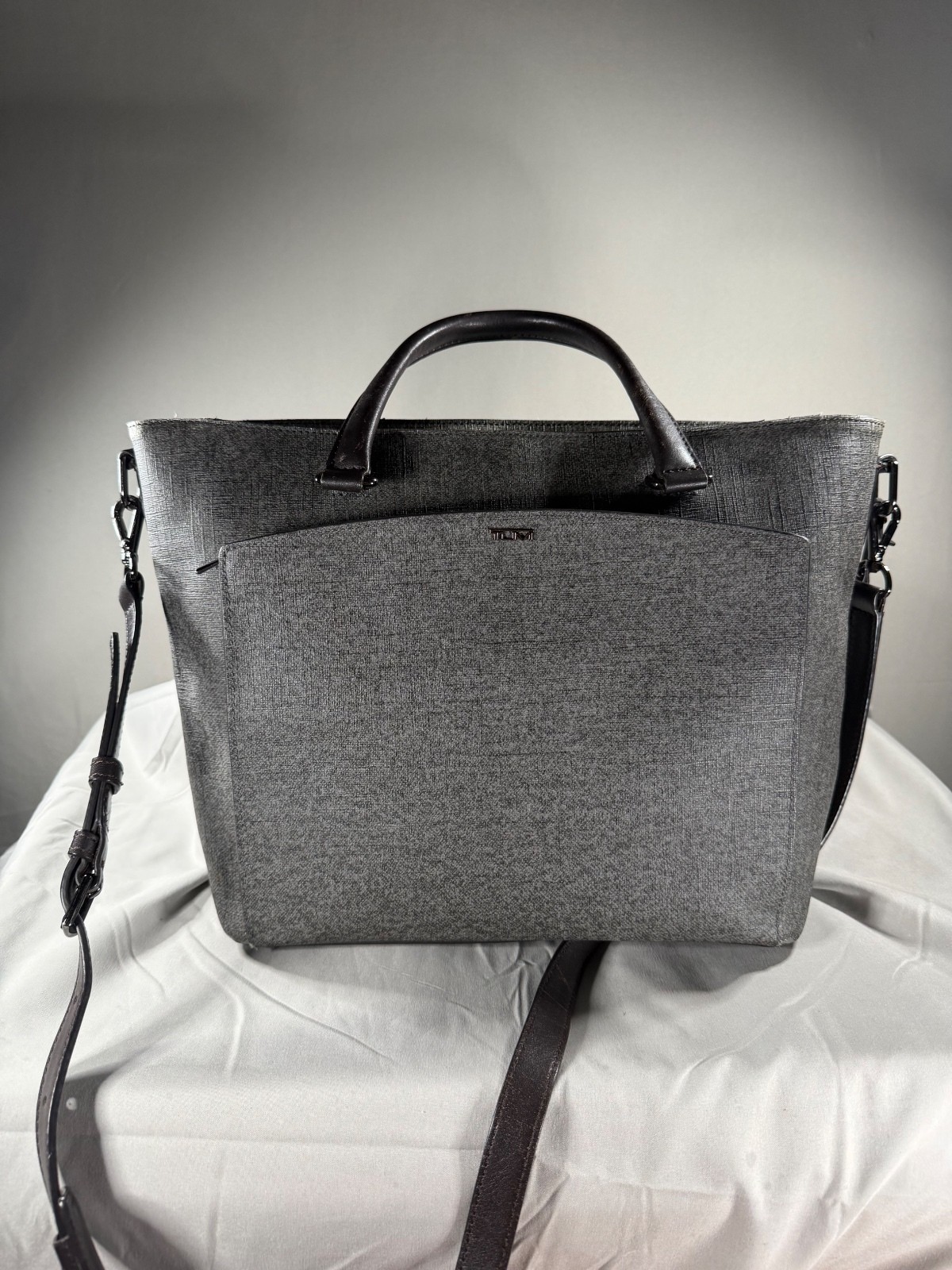 TUMI Gray Fabric and Leather Tote Bag with Shoulder Strap