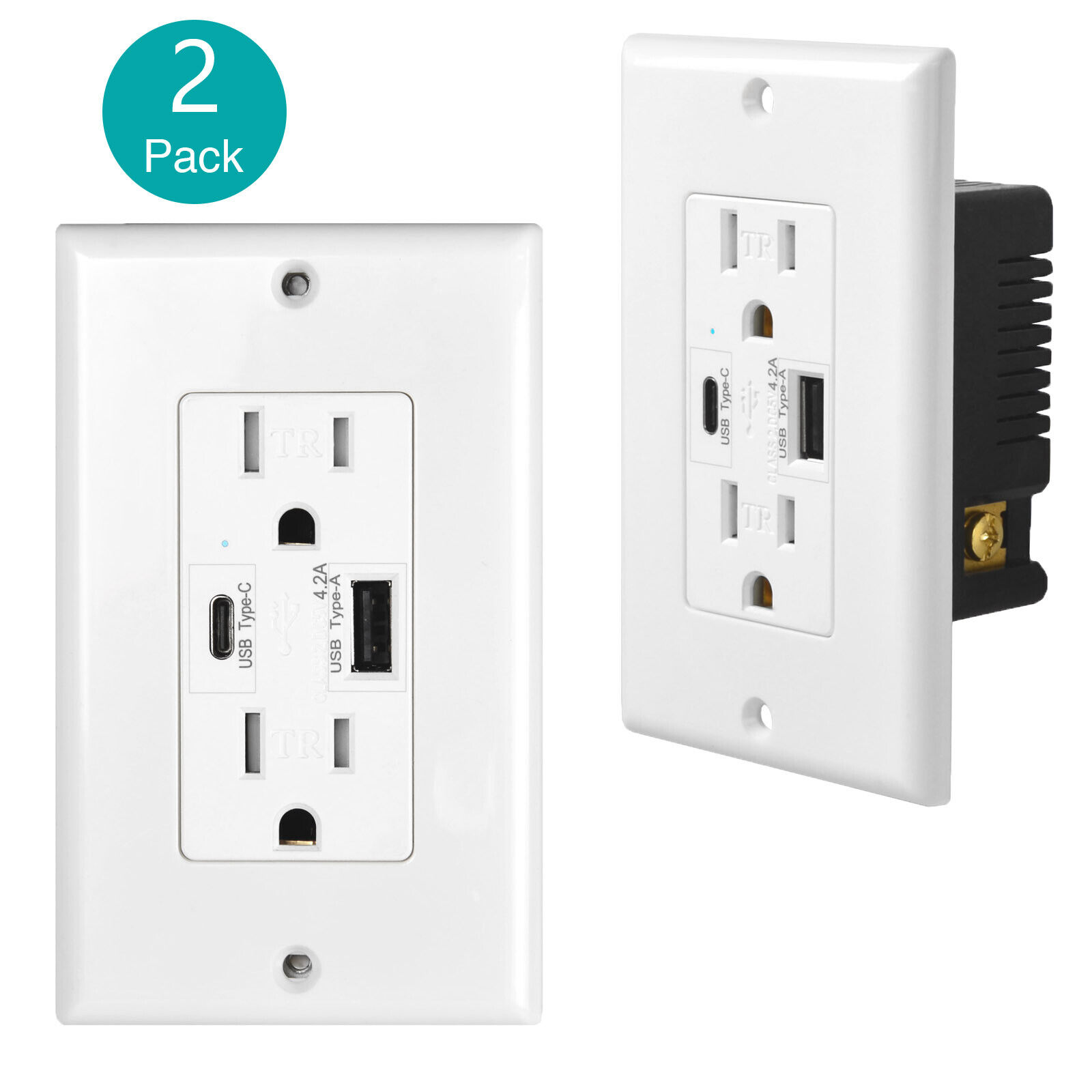 2PK 4.2A Dual USB Type-C Charger 15A Duplex Receptacle Wall Charger Power Outlet