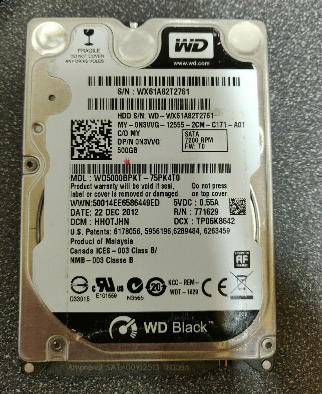 Dell N3VVG Western Digital WD5000BPKT-75PK4T0 500GB 2.5" SATA 7.2K Hard Drive 