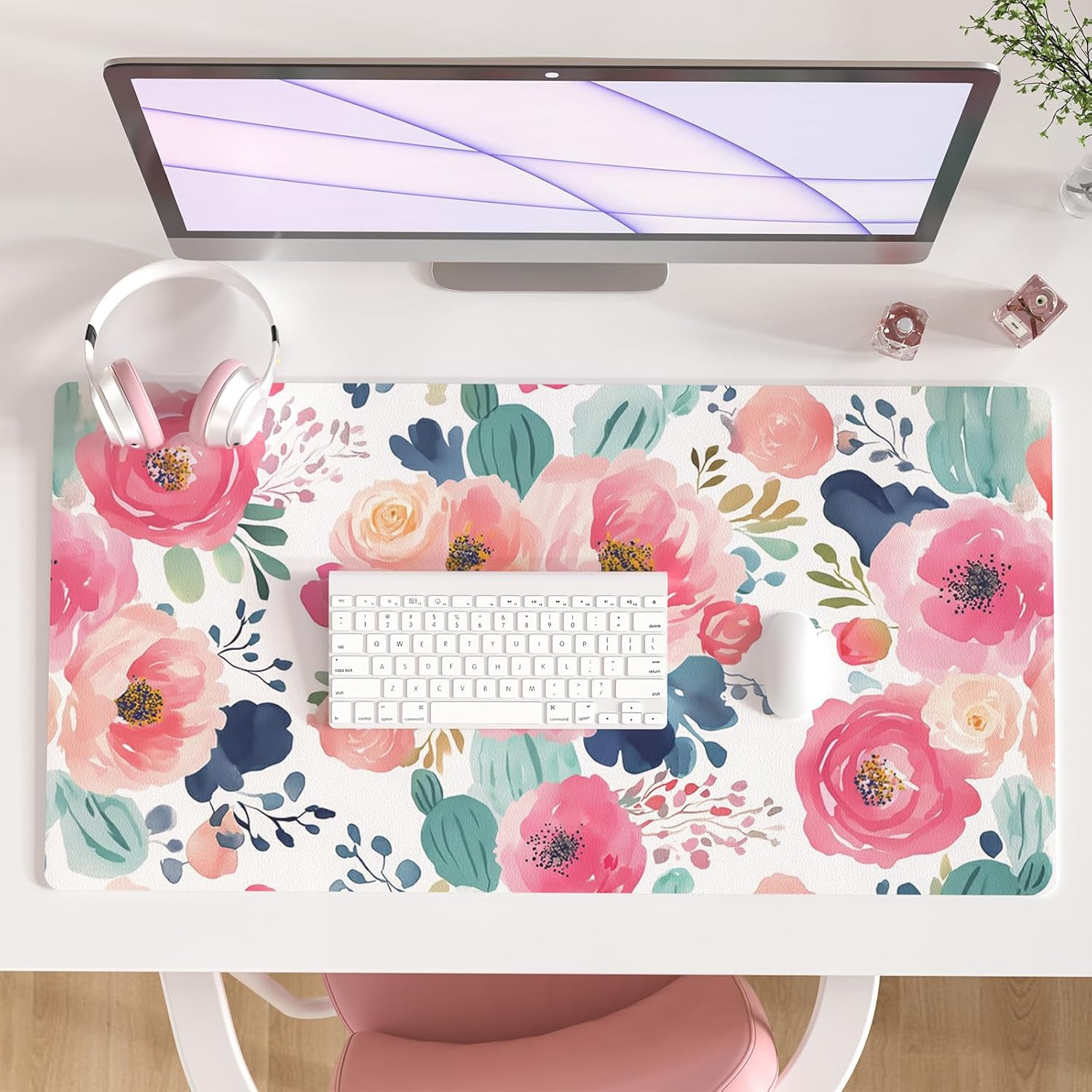 Large Pink Floral Mouse Pad Desk Mat PU Leather Waterproof 31.5 x 15.7