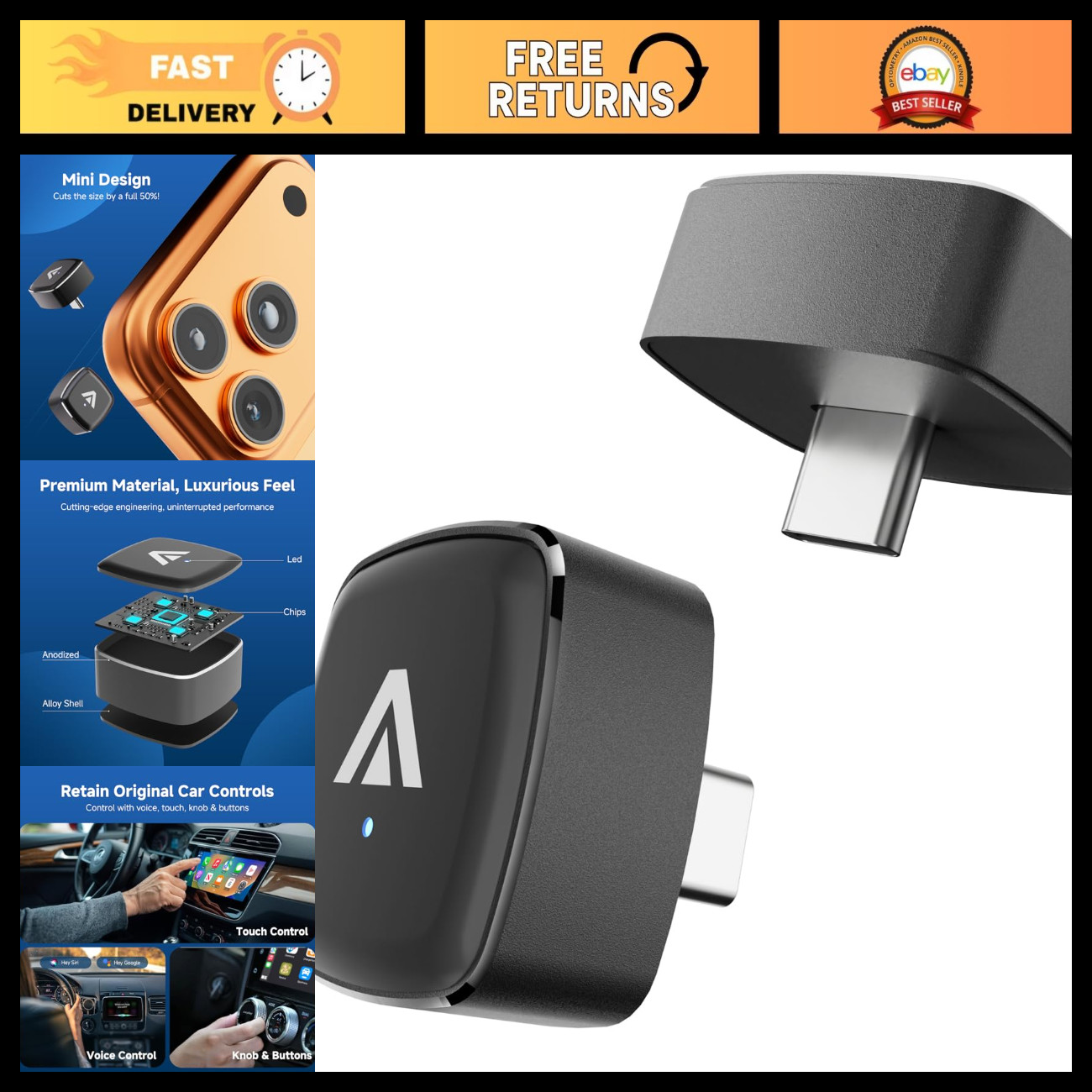 2-in-1 Mini USB C Wireless CarPlay & Android Auto Adapter, Alloy Shell, Compact
