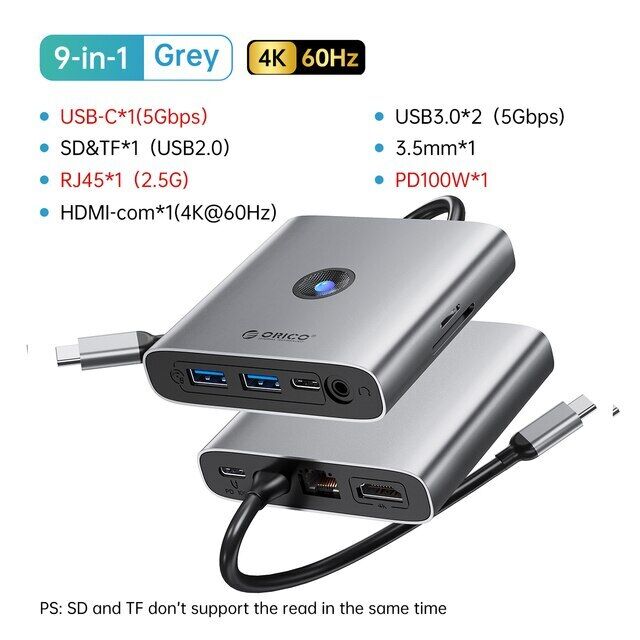 ORICO USB C Docking Station 4K HDMI Multi-USB PD100W SD&TF 2.5G RJ45 for Macbook