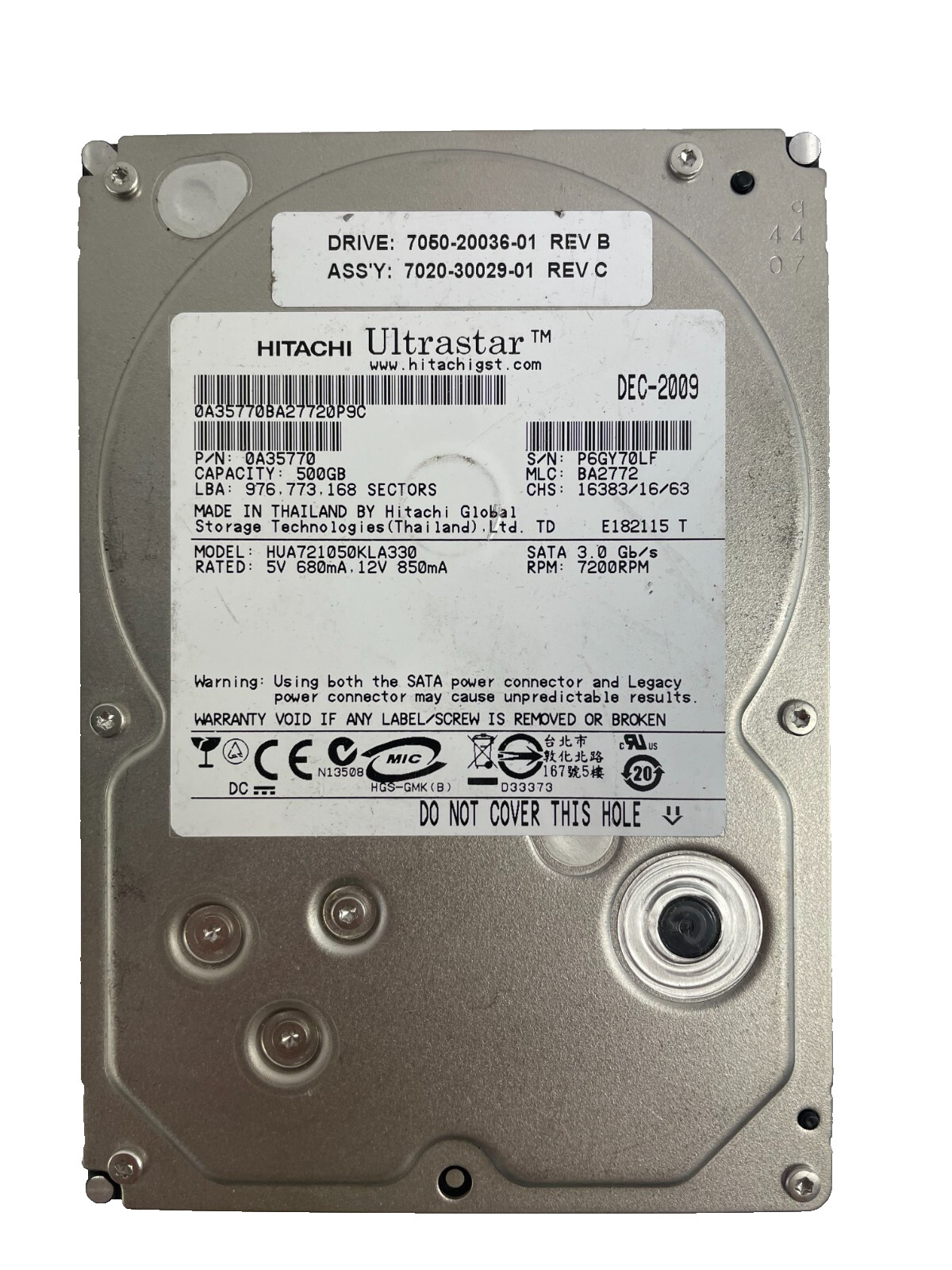 Hitachi Ultrastar Model HUA721050KLA330 7200RPM Internal Drive 500GB Cache 32MB