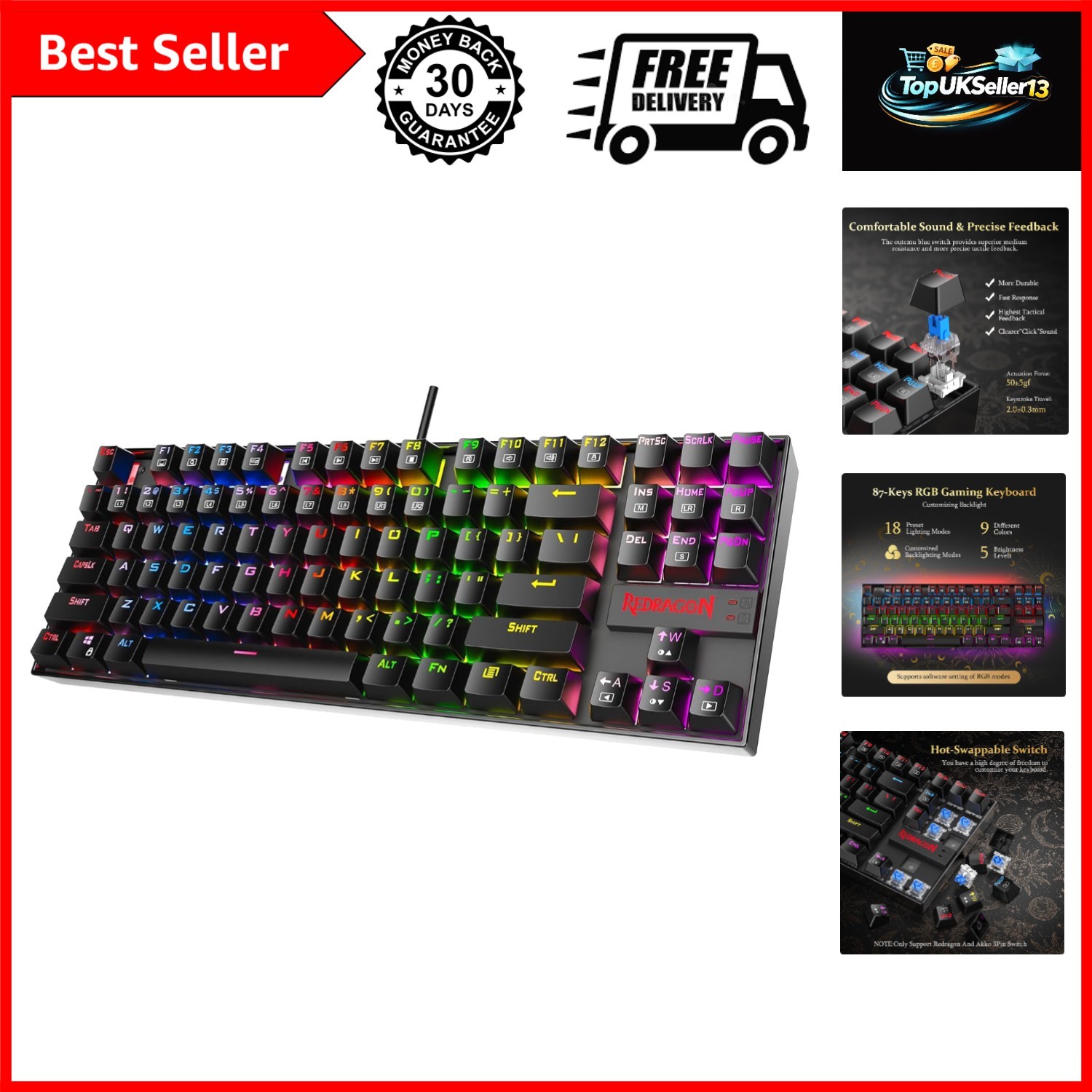 K552P Mechanical Gaming Keyboard TKL with 18 Backlight Modes, Hot-Swappable R...