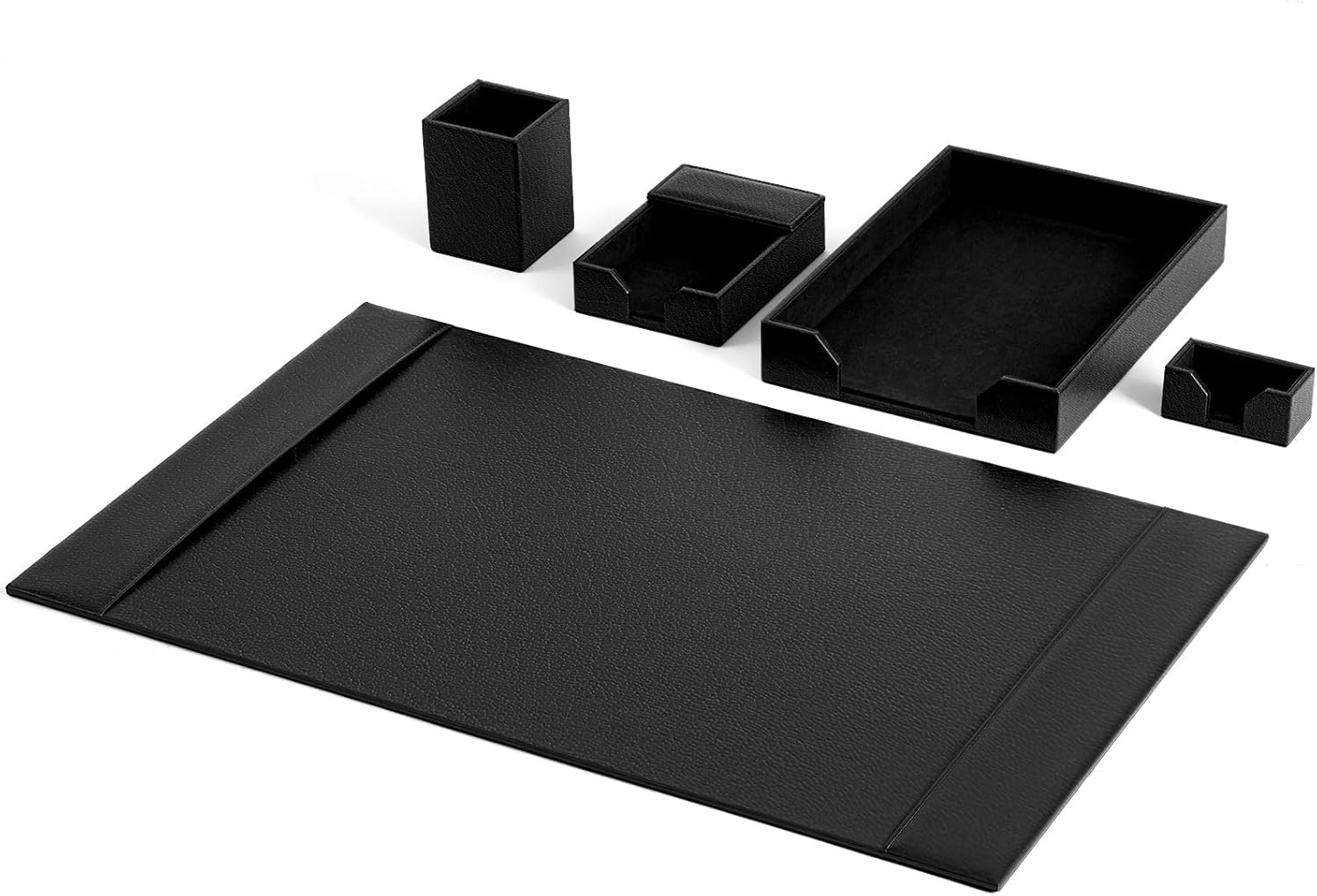 Sayglossy 5 Piece Leather Desk Pad Set with Side Rails 30"X18" Desk Blotter Prot