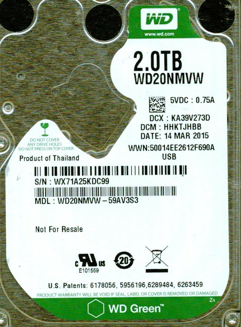 WD20NMVW-59AV3S3,  HHKTJHBB  WESTERN DIGITAL 2TB, USB 3.0  WX71  MAR 2015