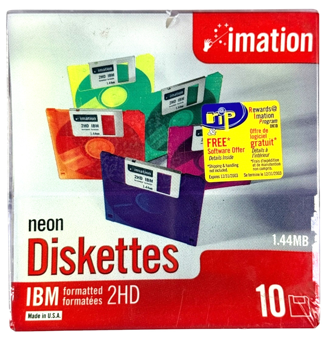 Imation 3.5" NEON Floppy Diskettes 1.44MB 2HD 10 Pack IBM Formatted - NEW SEALED