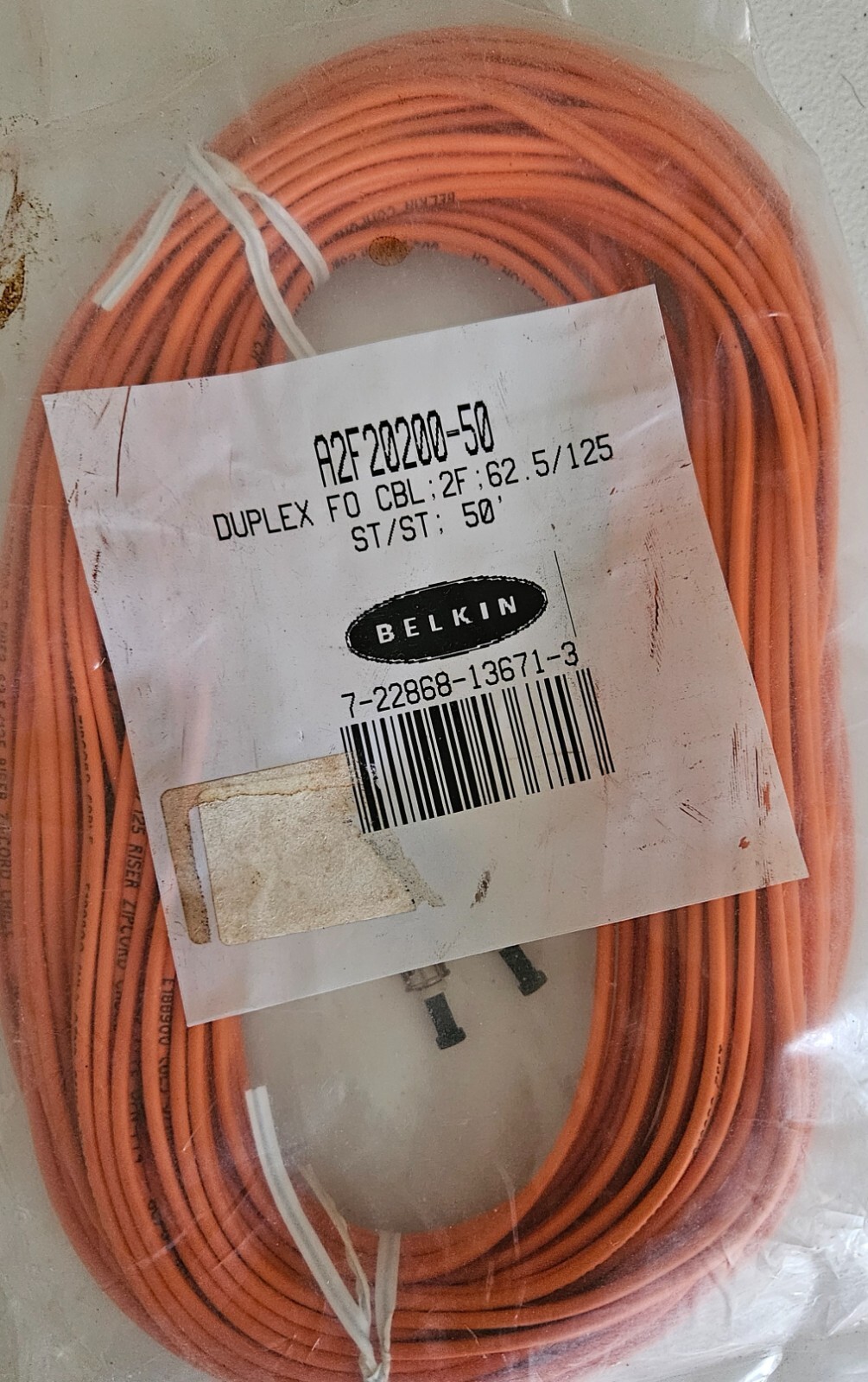 Belkin Duplex Fiber Optic Cable 2F 62.5/125 ST/ST 50' *NEW* A2F20200-50