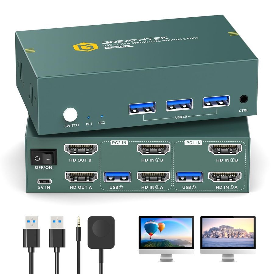 GREATHTEK Displayport KVM Switch 2 Monitors 2 Computers USB 3.0 8K@60Hz 4K@240Hz