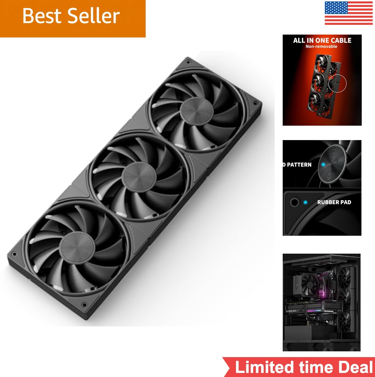 360mm PC Case Fan 3x 120mm PWM 4-Pin 1650 RPM 64.61 CFM Hydraulic Bearing
