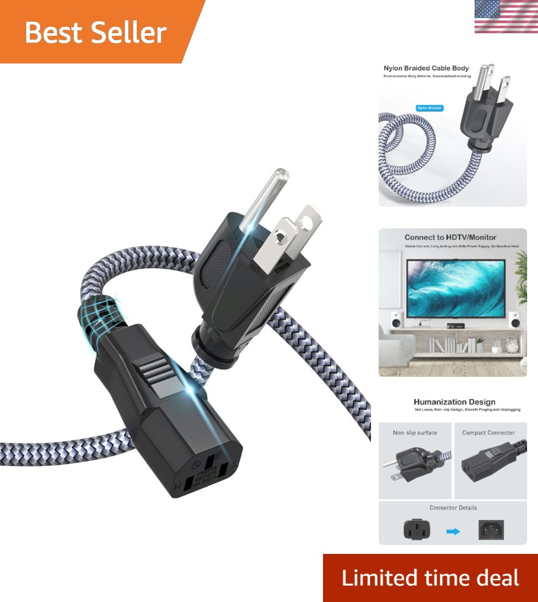 Power Cord, 10A 18AWG AC Power Cable 10FT3m Nylon Braided 3 Prong Power Cord ...