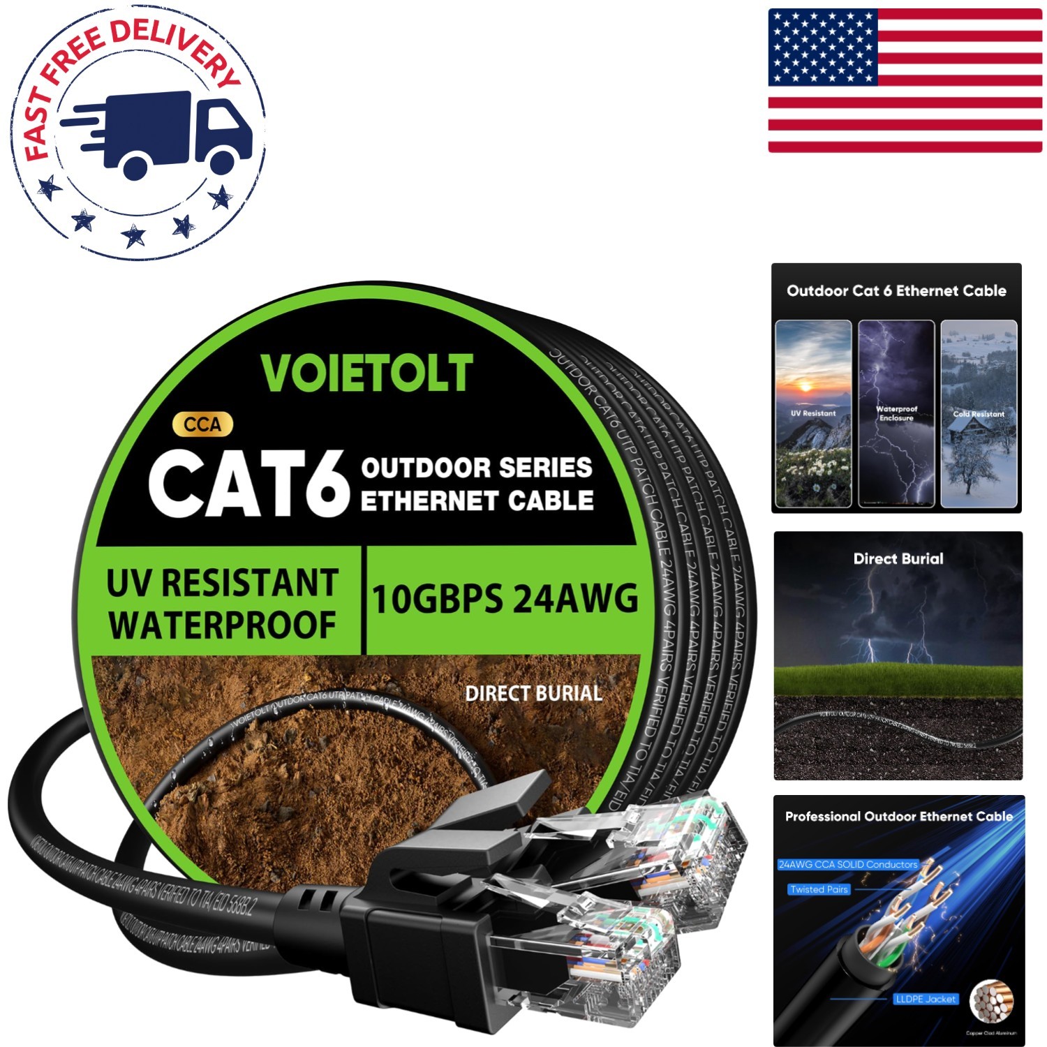 100 ft Cat 6 Outdoor Ethernet Cable - Waterproof & Weatherproof Direct Burial
