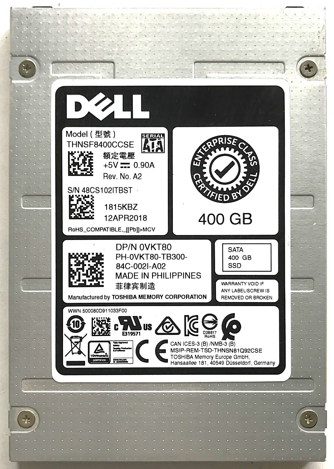 Toshiba 400GB 2.5” SATA 6.0Gbps SSD THNSF8400CCSE DP/N: 0VKT80
