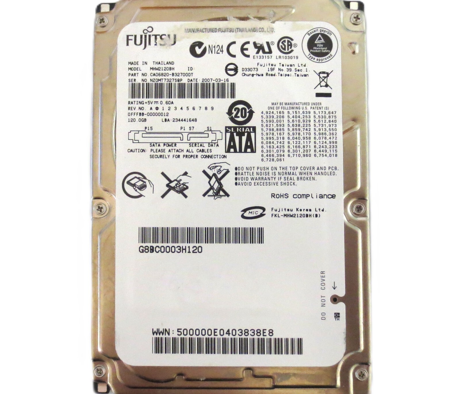 Fujitsu MHW2120BH CA06820-B327000T 0FFFBB-00000012 (NZ0) Thailand 120gb 2007-03