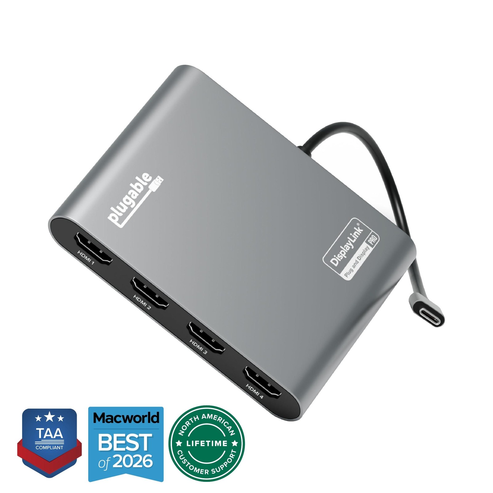 Plugable USB C to Quad HDMI 4K Adapter with 100W PD Pass-Though Power Delivery