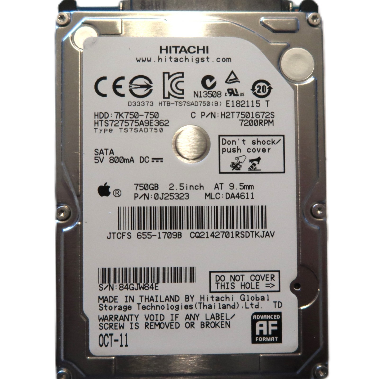 Hitachi HTS727575A9E362 0J25323 DA4611 (84G) Thailand 2.5" 750gb Sata HDD OCT-11